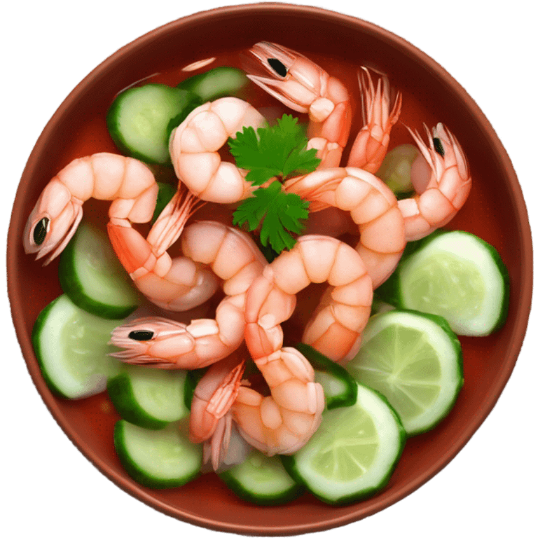 Shrimps in bowl with red sauce and cucumber onions cilantro  emoji