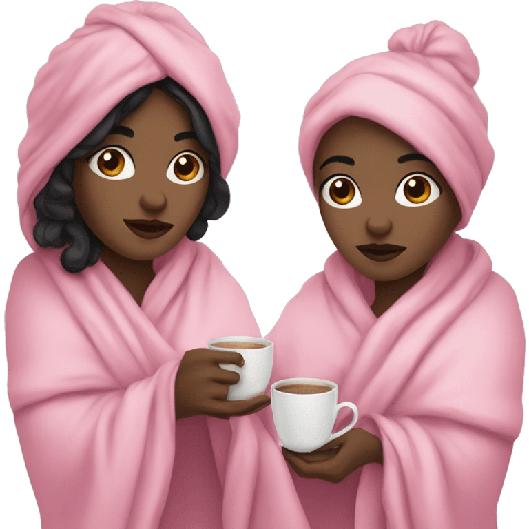 White girl black hair wrapped in pink blanket holding tea with both hands emoji