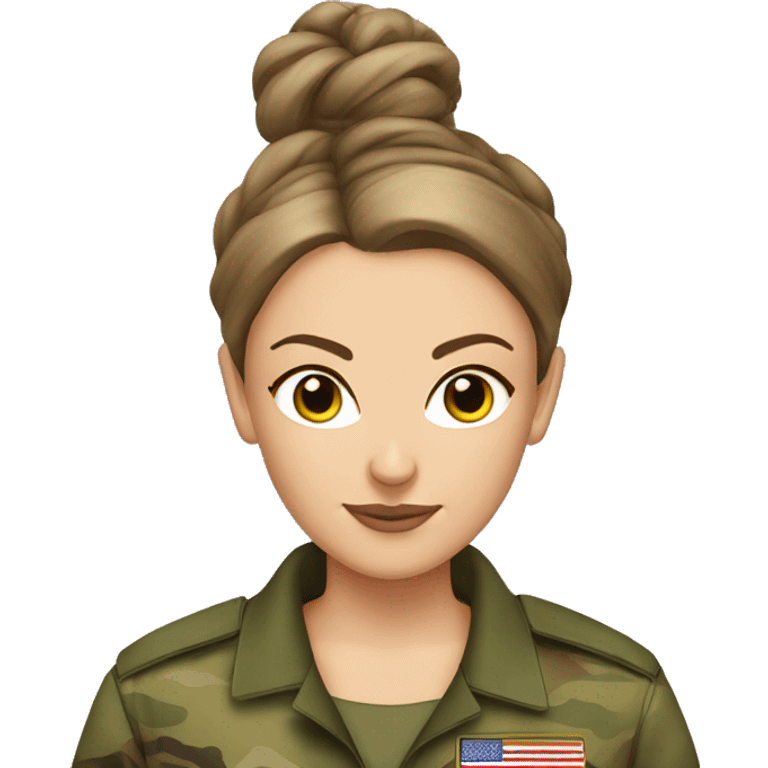 White Woman in camo military uniform , brown hair, sleek hair bun emoji