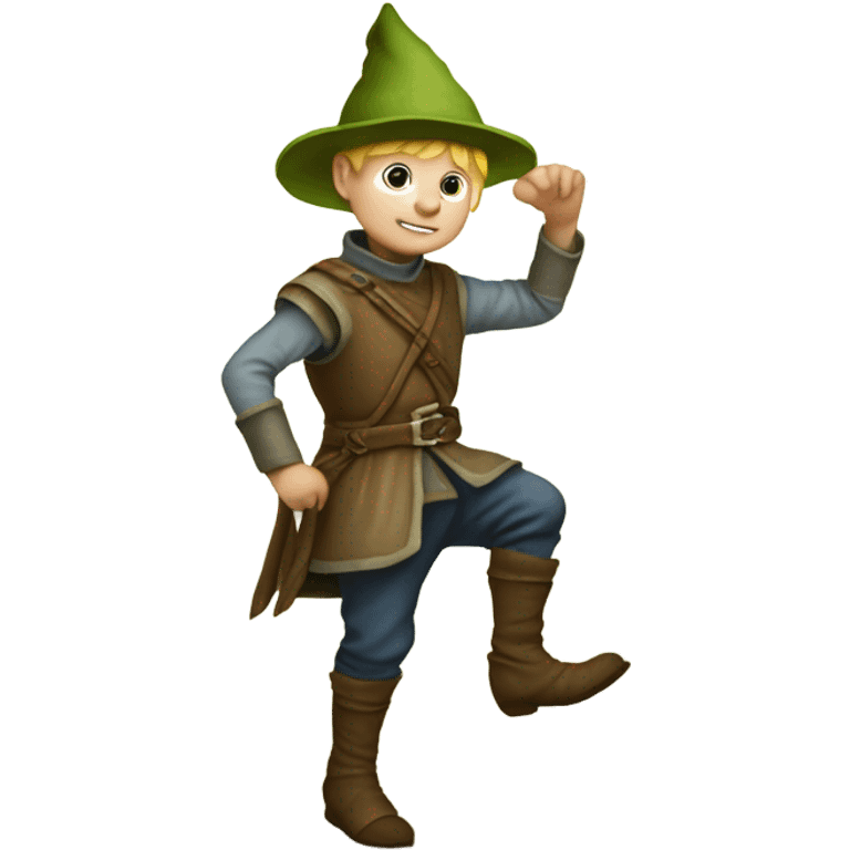 Medieval little whimsical little boy who is pale and he has a leaf hat and is about to get stepped on by a giant boot emoji