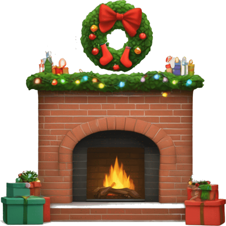 Brick Fireplace with wreath and Christmas lights and stockings emoji