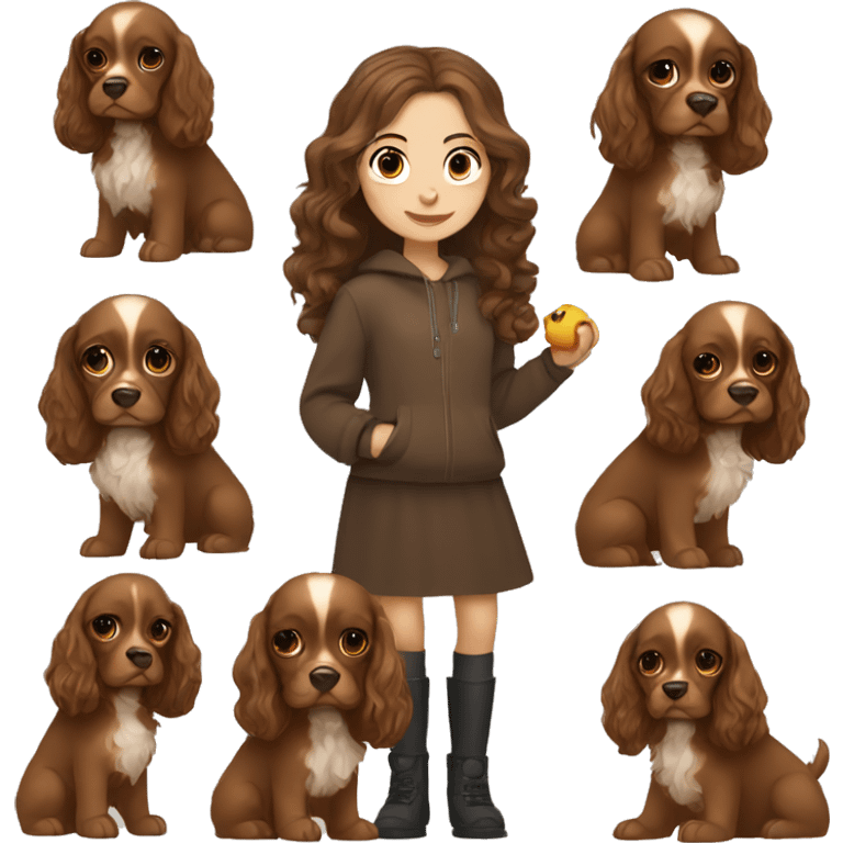 Russian girl with long brown hair holding brown cocker spaniel  emoji