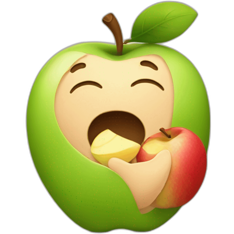 an infant eating an apple in the shape of the apple logo emoji