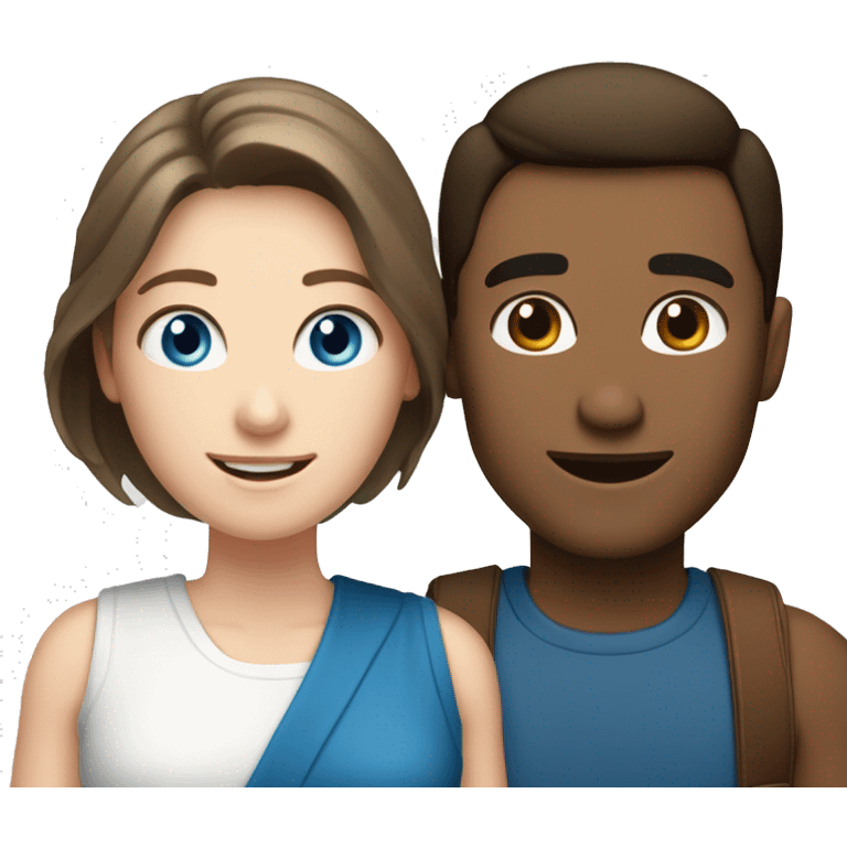 Smiling couple, one man with pale skin, brown hair and blue eyes, and one tan woman with dark hair and dark eyes emoji