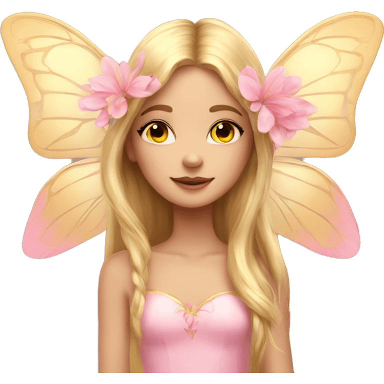 Beautiful, flower, fairy, pink, gold, long hair, butterfly wings emoji