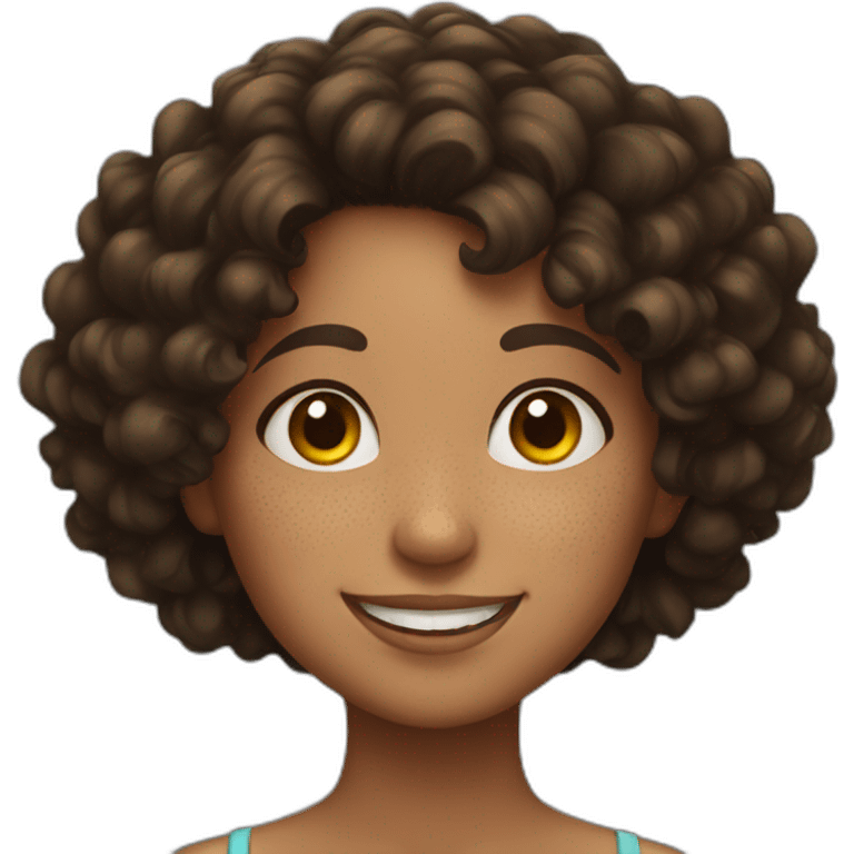 Girl with freckles and dark curly hair smiling emoji