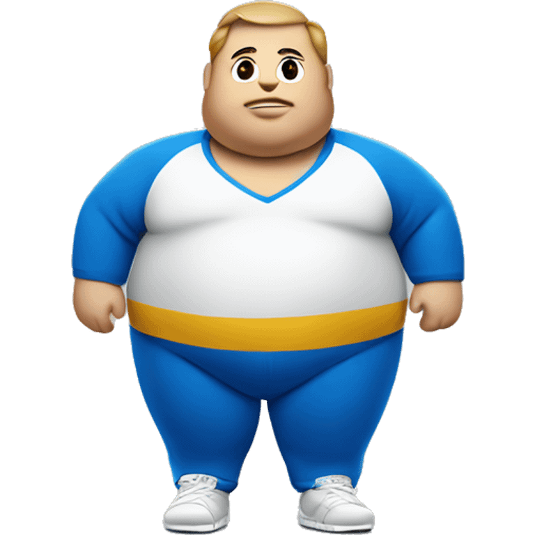 fat man in blue sweatsuit with white stripe down center using apple vision pro emoji