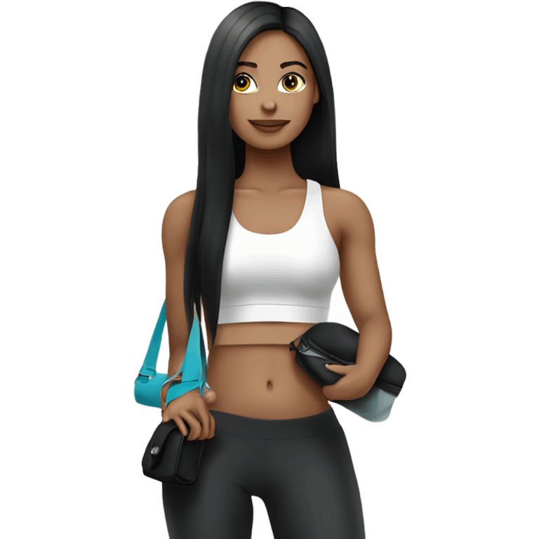 a white color skinned woman with black long straight hair wearing a workout set and carrying  a designer purse on her hand  emoji