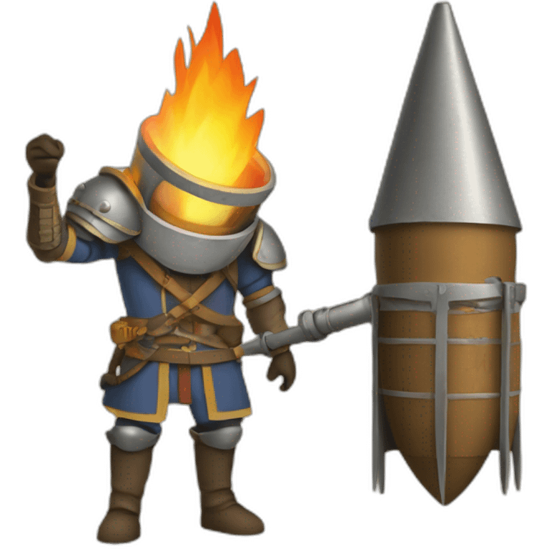 medieval Pyrotechnician holding a rocket in one hand and a torch in the other emoji