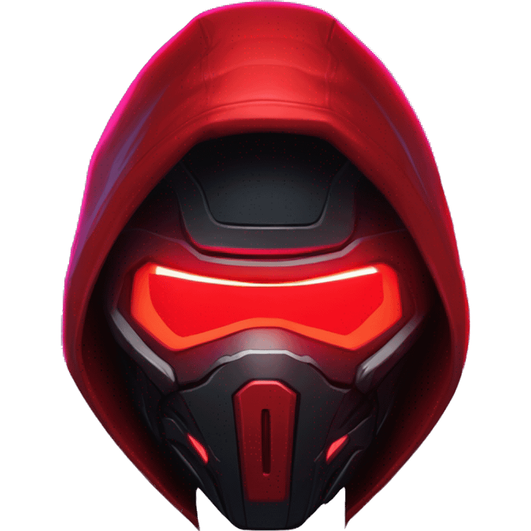 developer behind his laptop with this style : crysis Cyberpunk Riot Games Valorant neon glowing bright red character red dark black hooded assassin themed character emoji