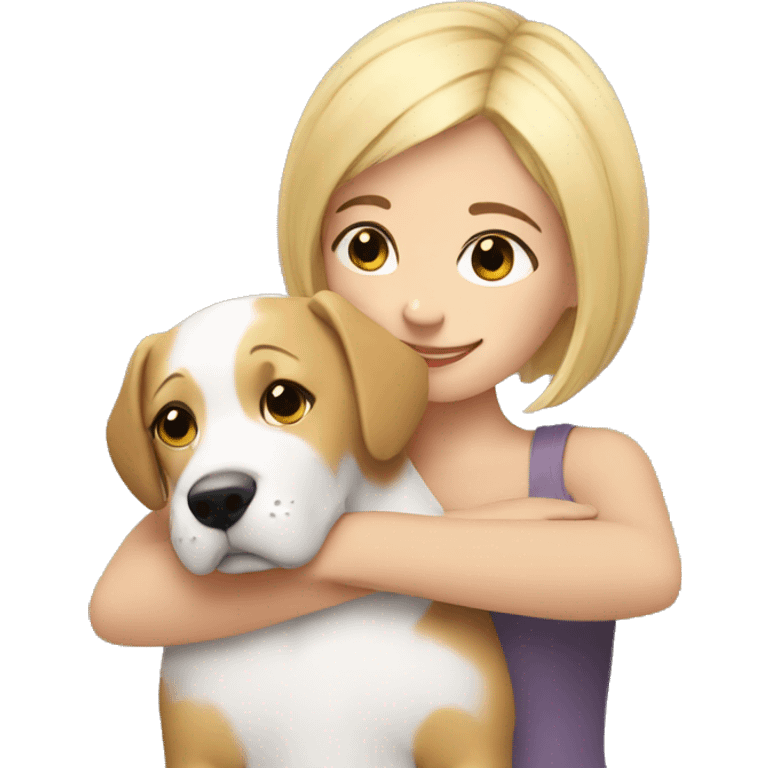 Dog hugs a girl short blond hair emoji