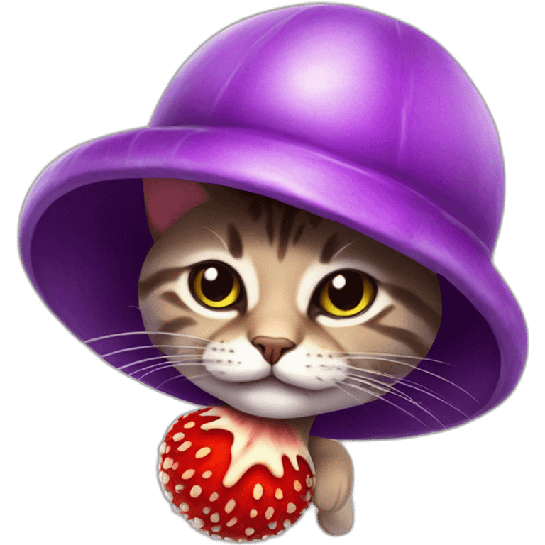 Purple cat in a fly agaric hat smiles evilly emoji