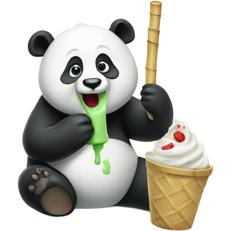 Panda eating ice cream with bamboo in the ice cream emoji