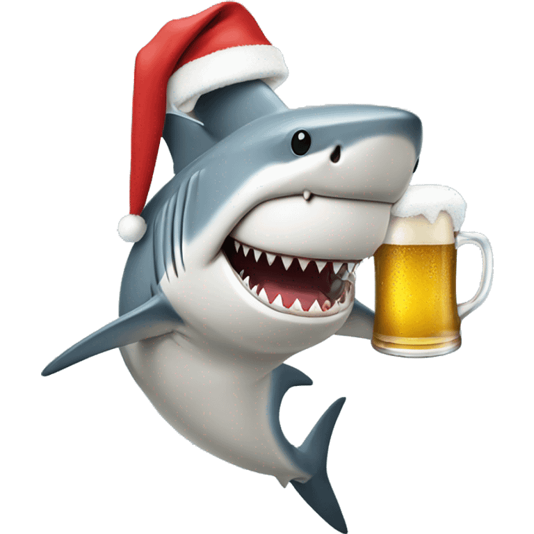 Shark in a Santa hat and sunglasses drinking a beer emoji