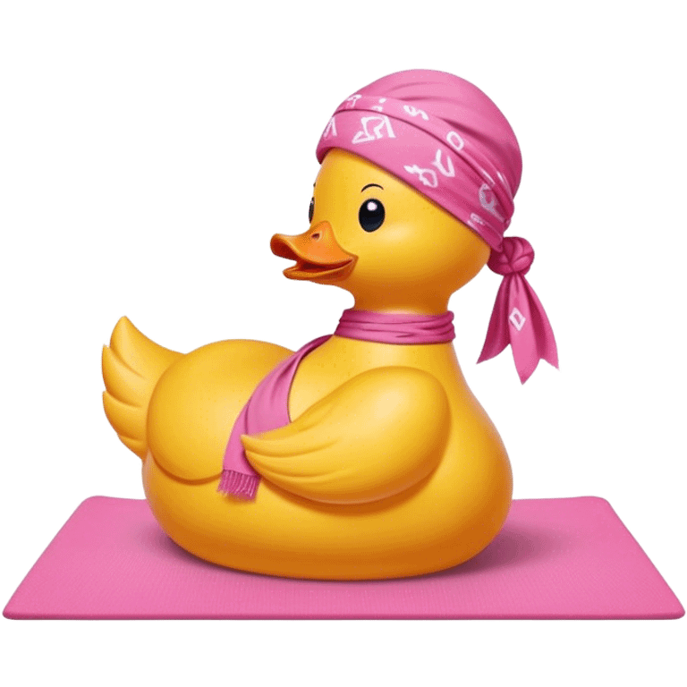 side view of yellow rubber duck with a pink bandana doing yoga while praying emoji