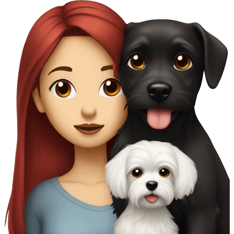 Dark-red-haired girl kiss her Maltese-Black-dog emoji