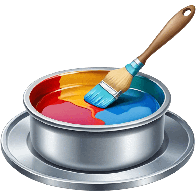 Enamel on metal icon, metal surface with vibrant enamel paint being applied, visible fine paintbrush, enamel pots, metal object like a plate or decorative piece, no finished artwork, just the process of applying enamel, shiny metallic finish with colorful enamel, minimalistic style, clean lines, transparent background. emoji