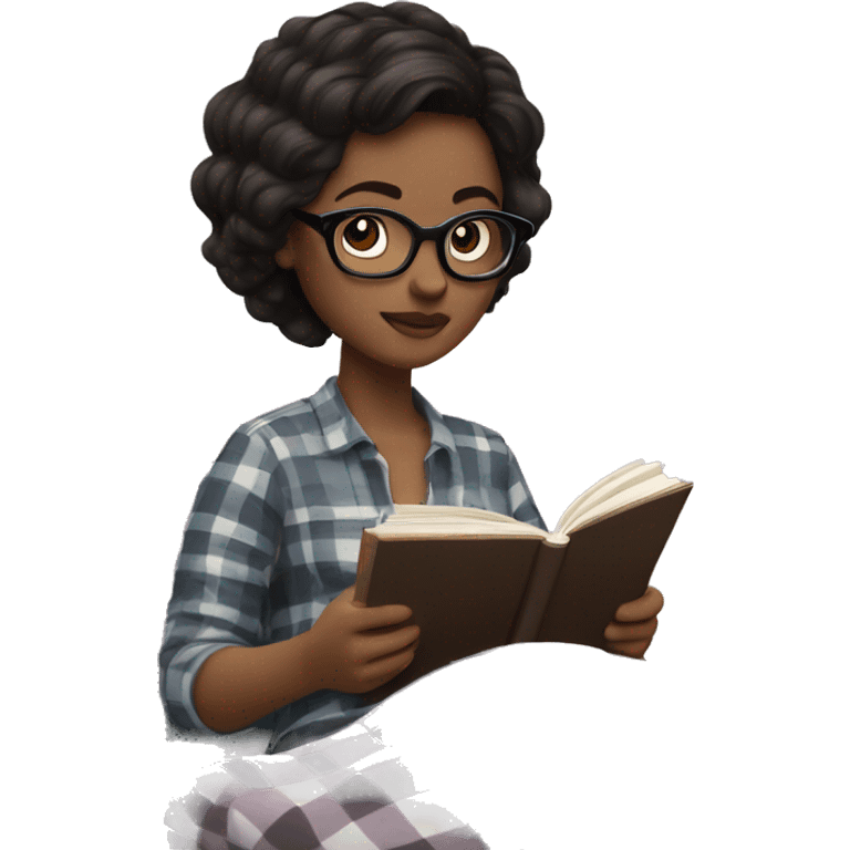 a white girl with glasses and dark hair is sitting in a cot with a plaid and reading a book emoji