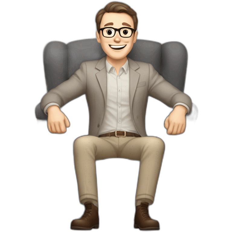 Joyful Celebrating victory Hands up Pale skinned Fit Man With dark brown hair in gray jacket, beige office shirt, Brown pants and vintage glasses sitting In a soft chair emoji