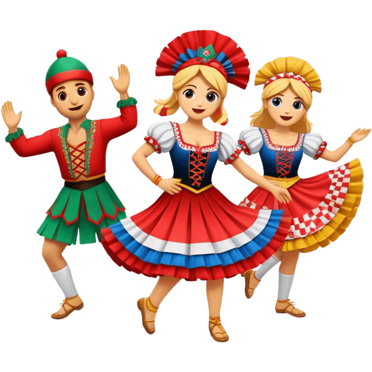 Cinematic Realistic Linđo Dance Emoji, depicted as a traditional Croatian folk dance with lively movements and colorful costumes, rendered with dynamic textures and vibrant festive lighting that captures its cultural vibrancy. emoji