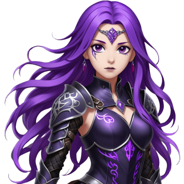 A mysterious warrior girl with long, flowing purple hair cascading down her back, strands catching the dim light like silk. Her piercing violet eyes glow. She wears sleek black armor, a perfect fusion of elegance and lethality, adorned with intricate silver engravings resembling ancient runes.  emoji