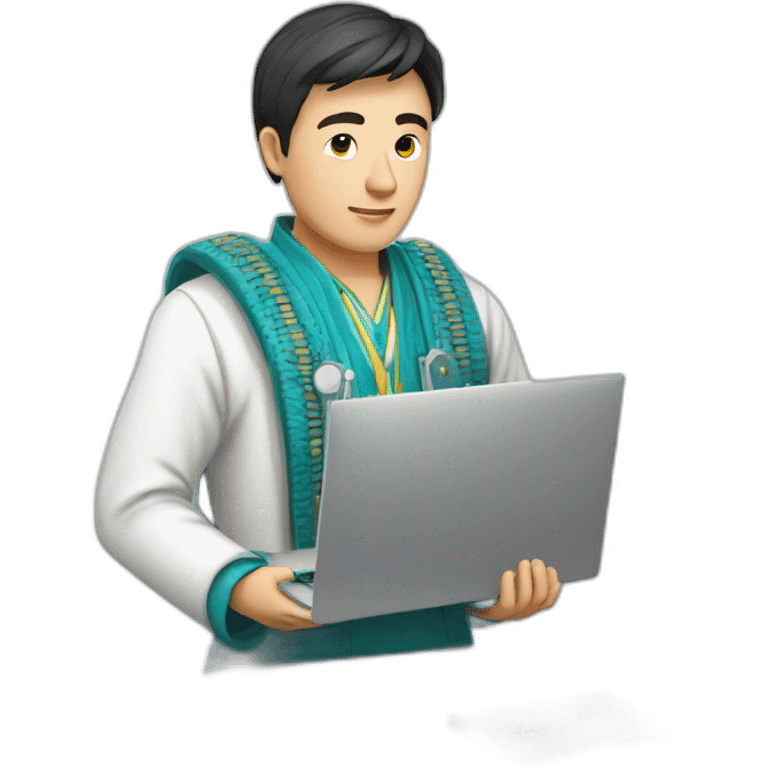 IT specialist man Kazakh in national clothes with laptop in hands emoji