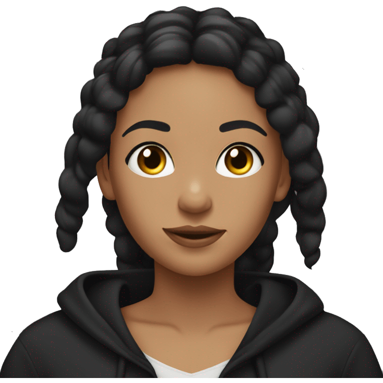 tan girl with black hair in black hoodie with hair up and silver hoops emoji