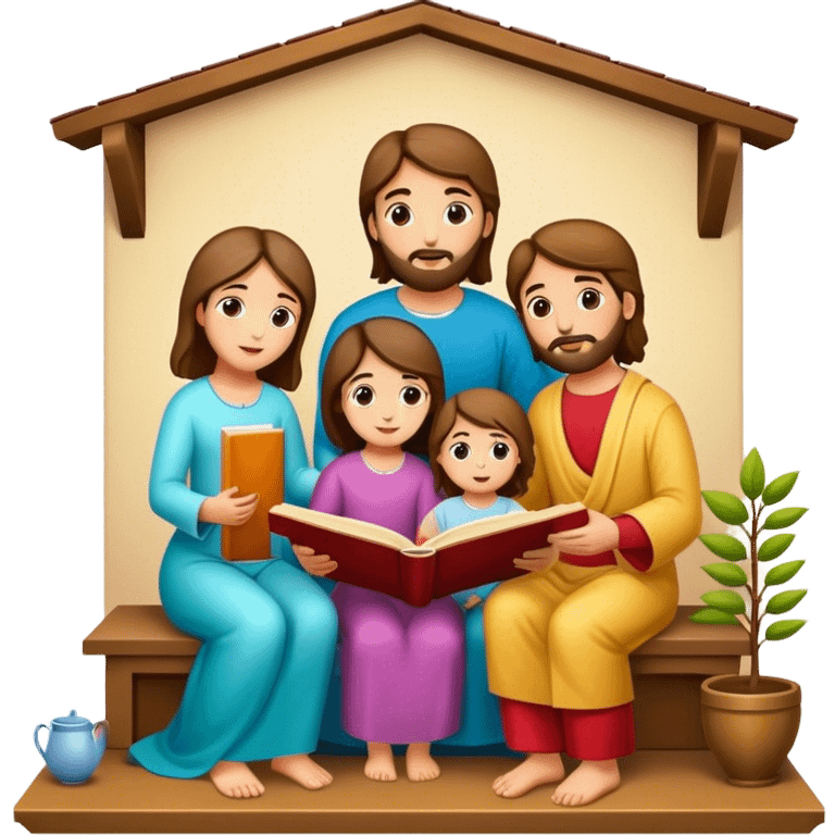 Devotional Christ with family in house reading emoji