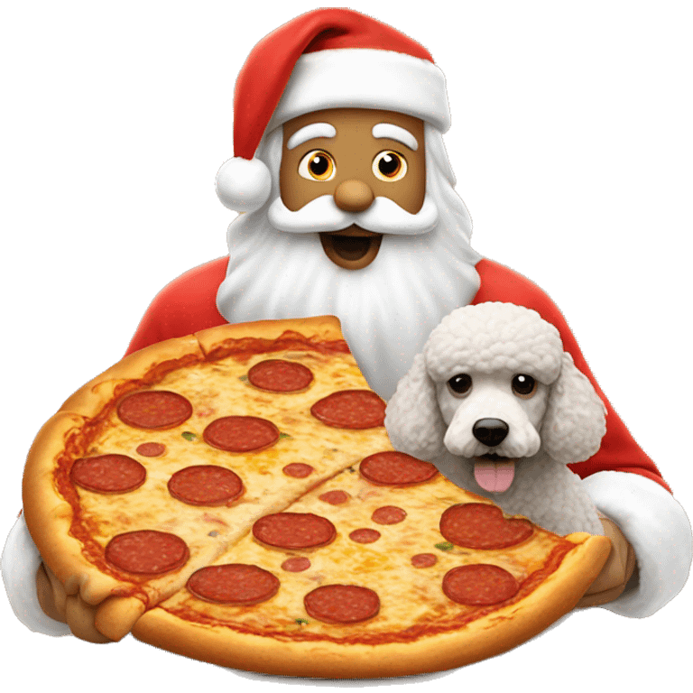 santa claus eating a whole pizza with a poodle on his head emoji