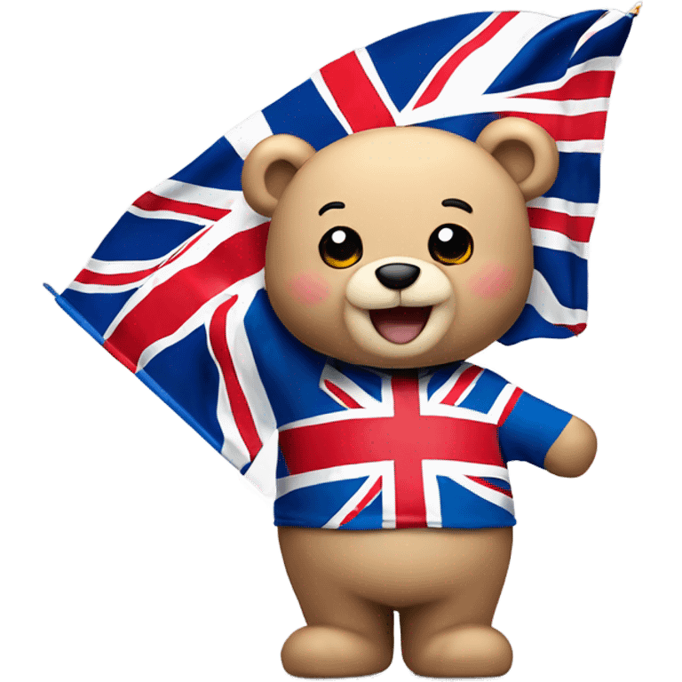 Happy teddy bear wearing a Union Jack shirt, and waving a Union Jack flag emoji