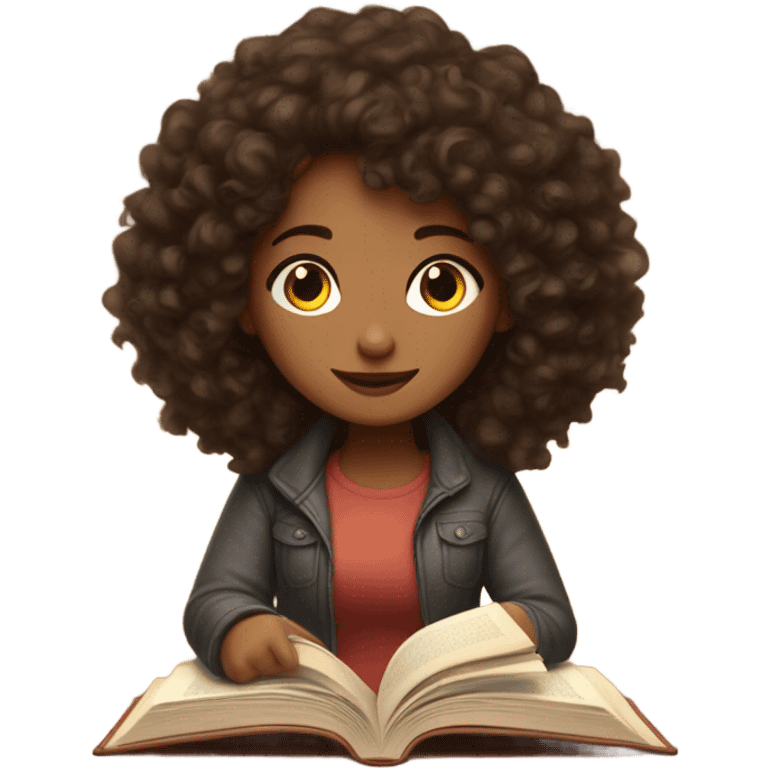 brunette curly hair reading a book cozy aesthetic emoji