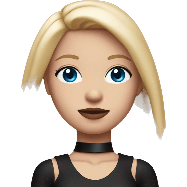 Woman with blue eyes, pink lips and long blonde straight hair. black swimsuit. black collar with metal ring around neck emoji