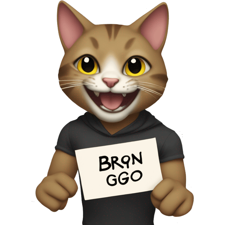 Nko cat with wicked smile holding poster saying „Brn GGG” emoji