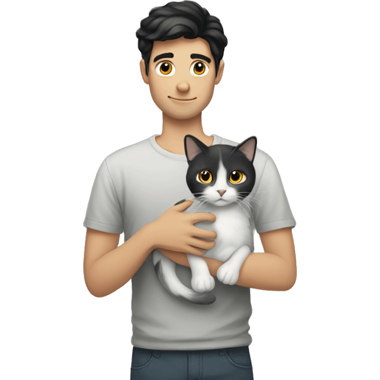 Black haired white Guy holding grey cat emoji