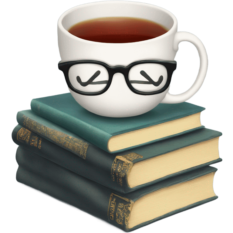 China tea cup with tea on a stack  of books with glasses on top emoji