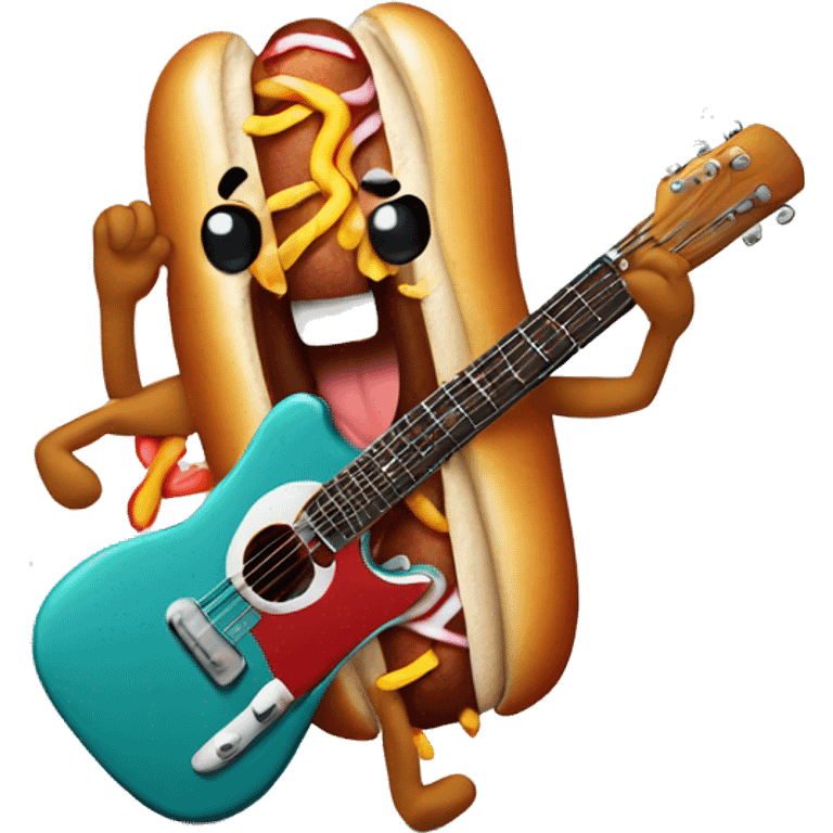 A hot dog rocking out with a guitar and one sock on emoji