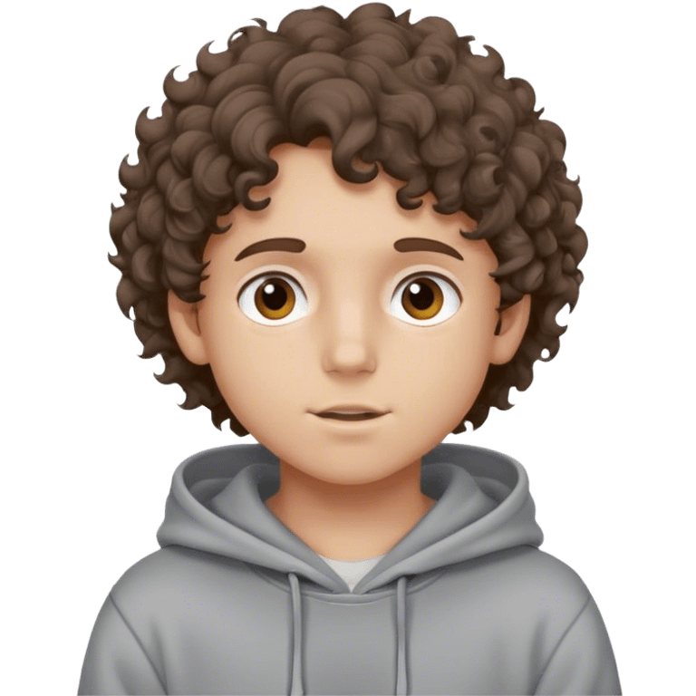 Pelo castaño rizado,niño sudadera gris emoji