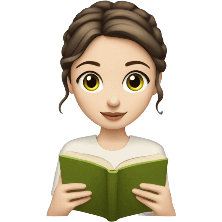 Girl with brown hair in a low bun, wispy bangs, green eyes, pale skin, reading a book emoji