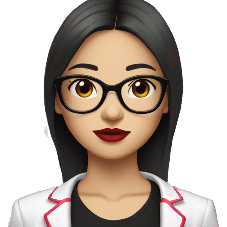 Asian girl, fair skin, black long hair, black eyes, black glasses with gold frames, red lipstick, wearing a white lace tank top and a black office jacket on top, with pink and red roses around her. emoji