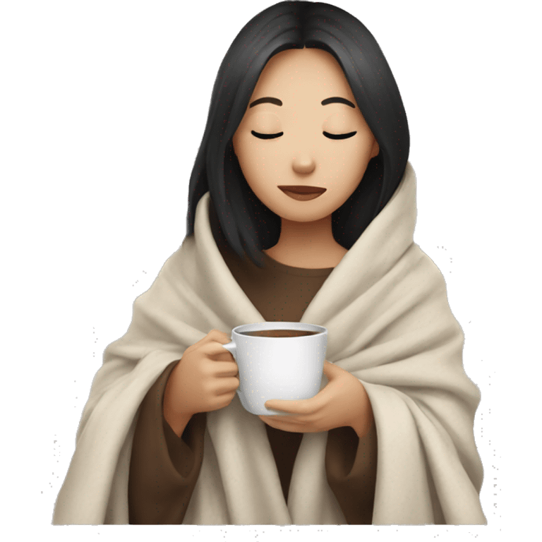 asian girl inside a blanket sipping coffee eyes closed emoji