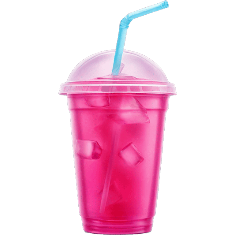 Realistic plastic cup and lid with Transluscent hot pink soda and large ice cubes inside and one straw through the top of the lid. emoji