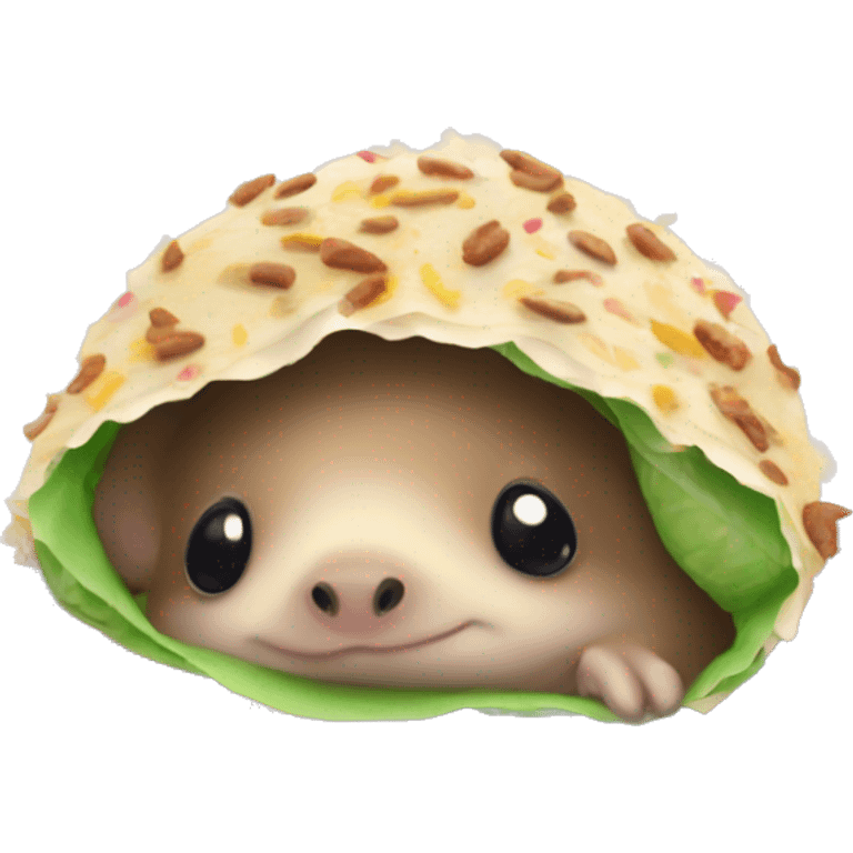 Baby hedgehog hiding inside a burrito eating rainbow sprinkles and kissing a frog emoji