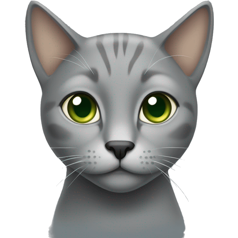 All grey cat with tan on her forehead. Green eyes emoji