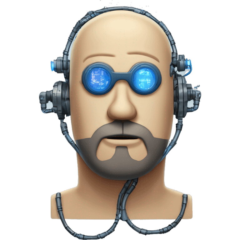 Bearded Fat bald cyborg head with tan skin, blue goggles and circuits emoji