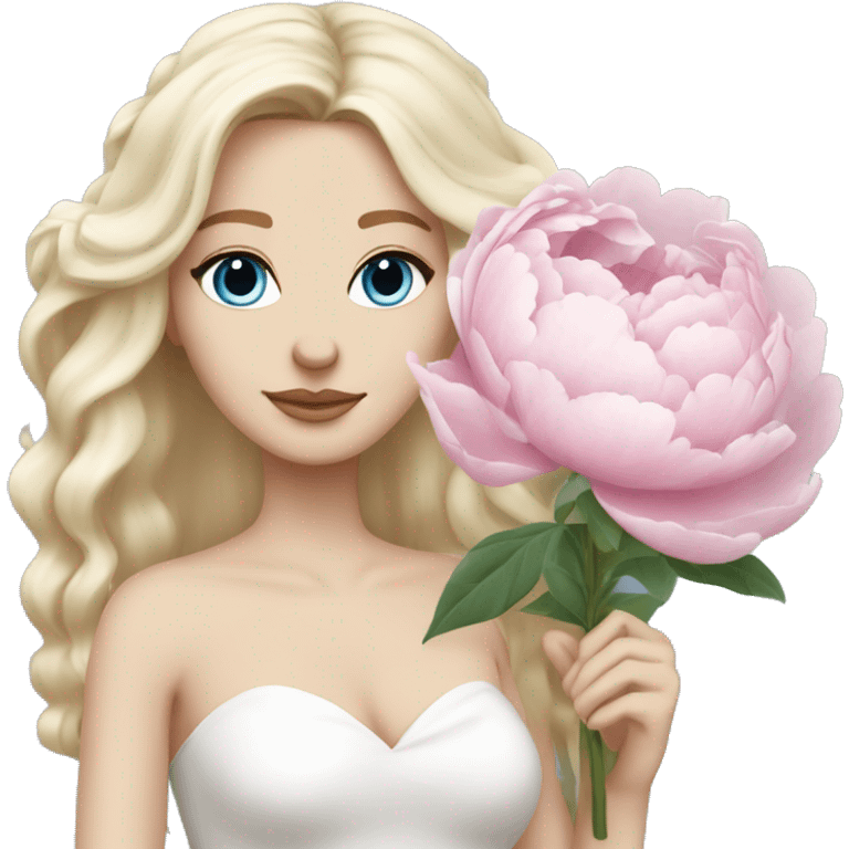 White bride with long light blonde hair and blue eyes with light pink peonies in hair white skin  emoji