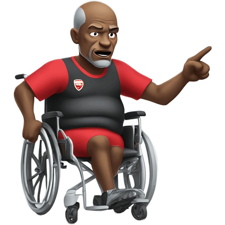 old black bald man with a protruding round pot belly in wheelchair. angry face. grey stubble. he is pointing finger in front. Arsenal soccer shirt. mouth word bubble emoji