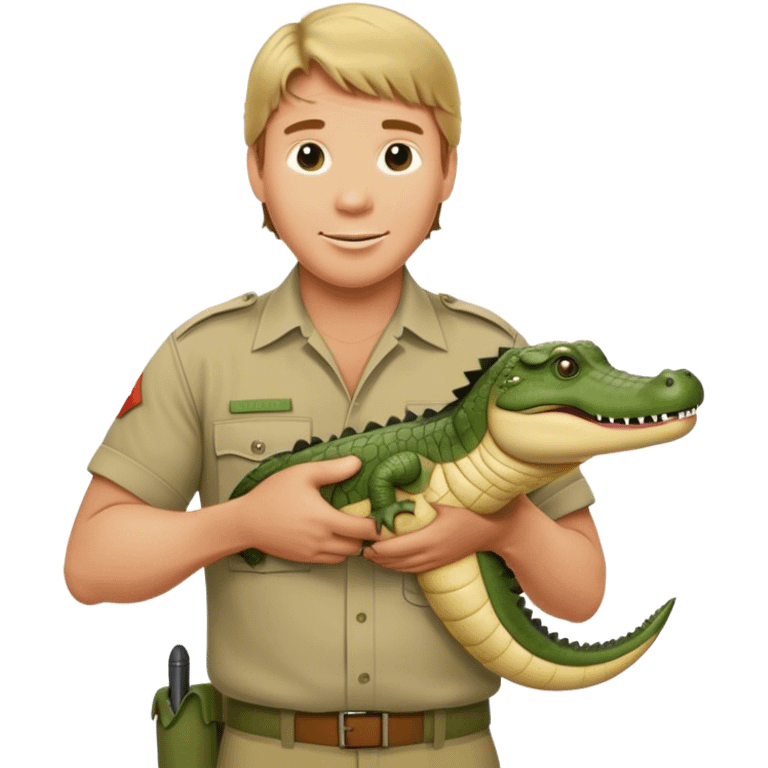 Cinematic Realistic Steve Irwin Portrait Emoji, in his signature khaki attire, holding a crocodile or giving an excited thumbs-up. The scene is lit with vibrant, natural sunlight, emphasizing his adventurous spirit and deep connection to nature. emoji