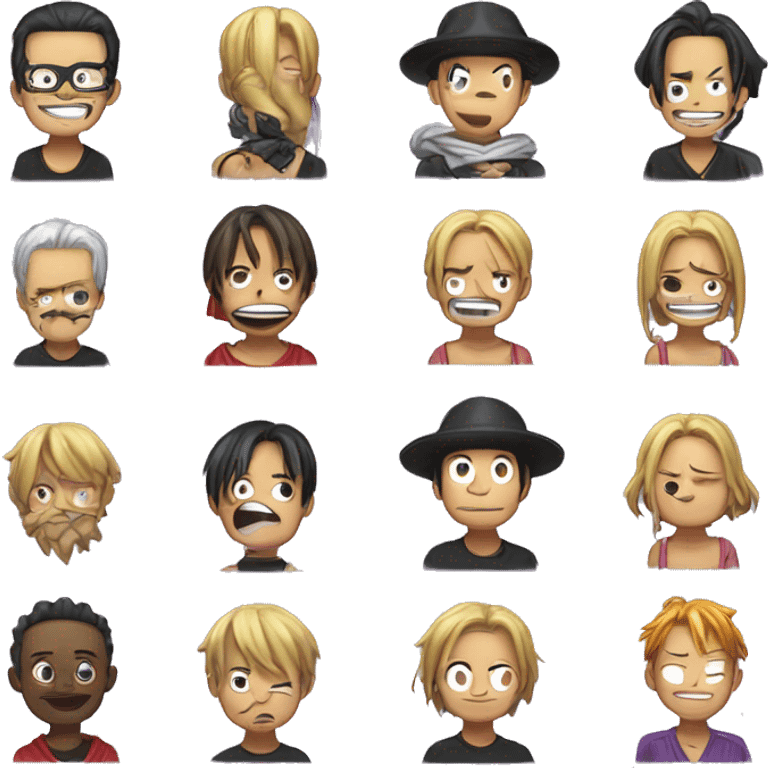 create a set of highly detailled emotes icons for a twitch chat in relation with One Piece ( the anime ) and inspired by it. A "HI" one, a "GG" one, a "SAD" one, a "LAUGHING" one emoji