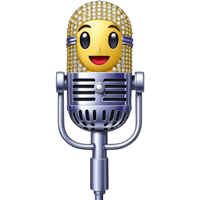 Create a glamorous and vibrant emoji representing stage vocal performance. The design should feature a humanless collage of classic vintage microphone, stage costume covered in rhinestones, sparkling brightly. The costume should be stylized, with glittering elements like sequins and sparkles, and reflect the glitzy, extravagant nature of show business. The microphone should have a sleek, retro look with chrome or metallic accents. Use rich, dazzling colors like gold, silver, deep purple, and bright red to evoke the glamorous, larger-than-life feel of a stage performance. The background should be transparent. emoji