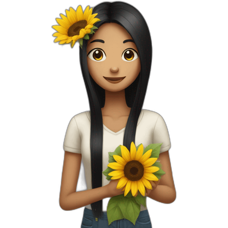 Straight long black hair girl holding a sunflower in hand emoji